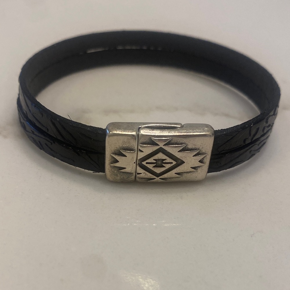 Black Leather Bracelet with Silver Western Clasp